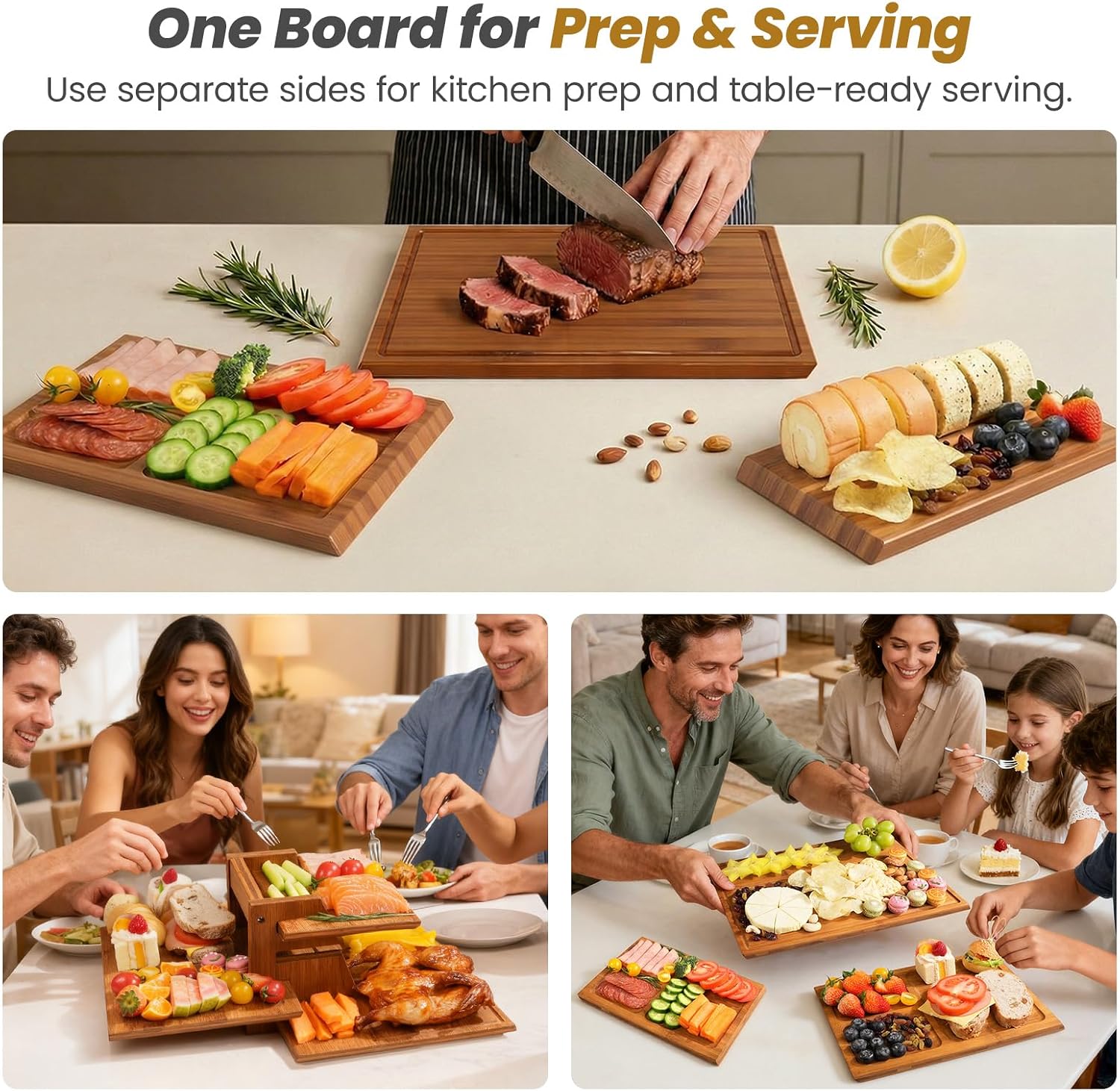 Meal Prep Cutting - 대나무 도마 세트(스탠드 포함), 3개 양면